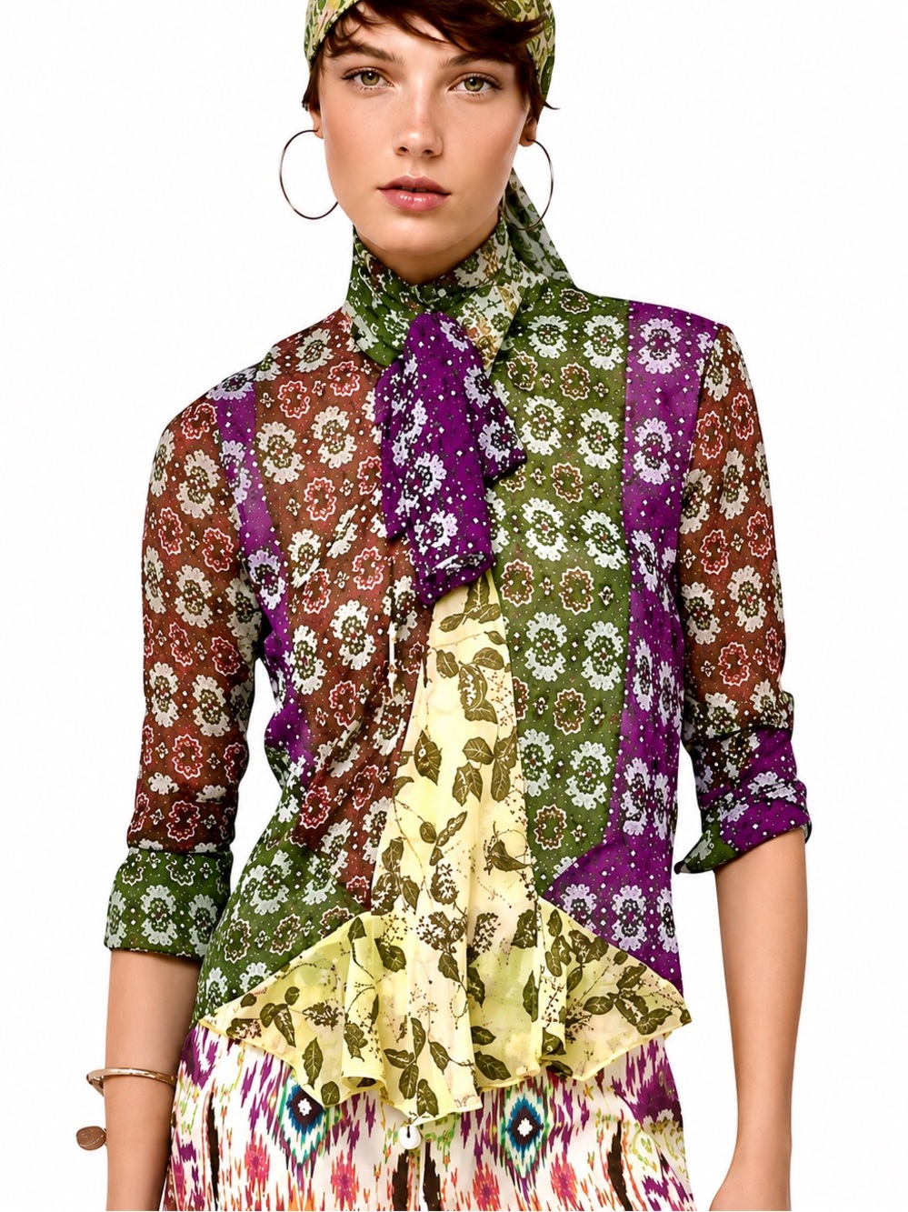 Zara Zodiac Celestial Patchwork Crystal Tassel Tie Neck Boho Blouse Sizes S/M/L